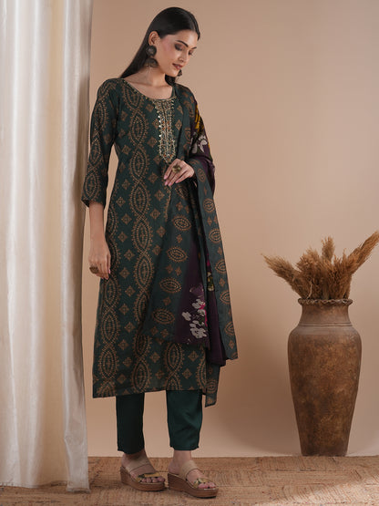 Ethnic Floral Printed & Embroidered Straight Fit Kurta with Pant and Dupatta - Green