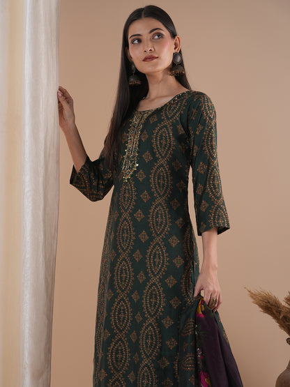 Ethnic Floral Printed & Embroidered Straight Fit Kurta with Pant and Dupatta - Green