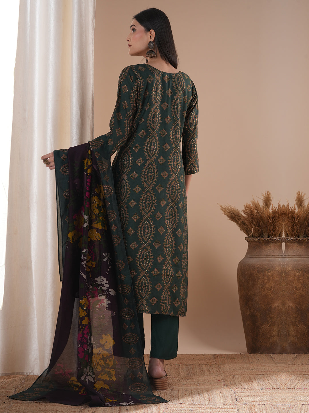 Ethnic Floral Printed & Embroidered Straight Fit Kurta with Pant and Dupatta - Green