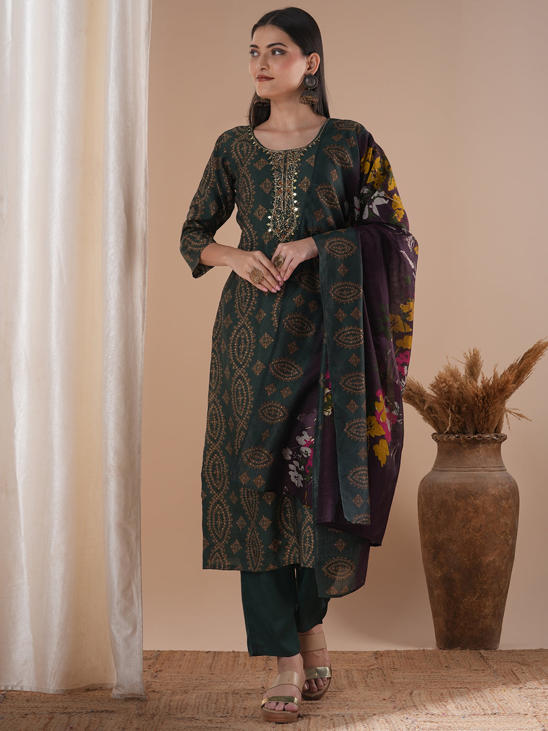 Ethnic Floral Printed & Embroidered Straight Fit Kurta with Pant and Dupatta - Green