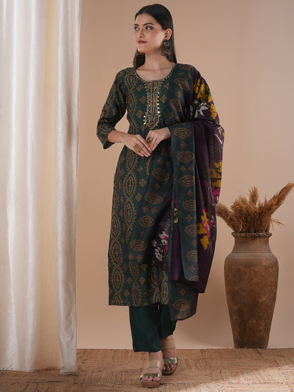 Ethnic Floral Printed & Embroidered Straight Fit Kurta with Pant and Dupatta - Green