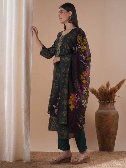 Ethnic Floral Printed & Embroidered Straight Fit Kurta with Pant and Dupatta - Green