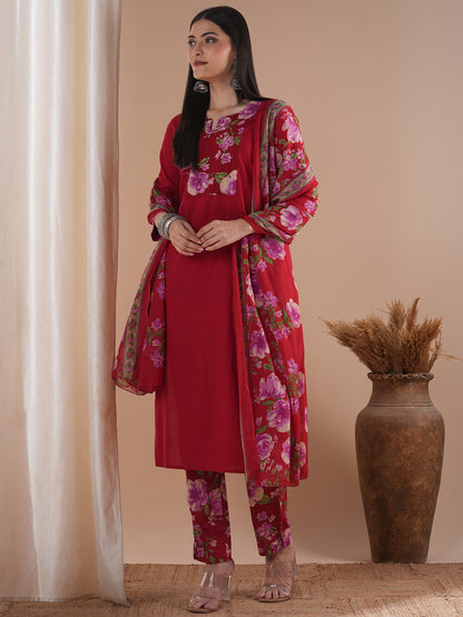 Ethnic Printed & Embroidered Straight Kurta with Pant & Dupatta - Red