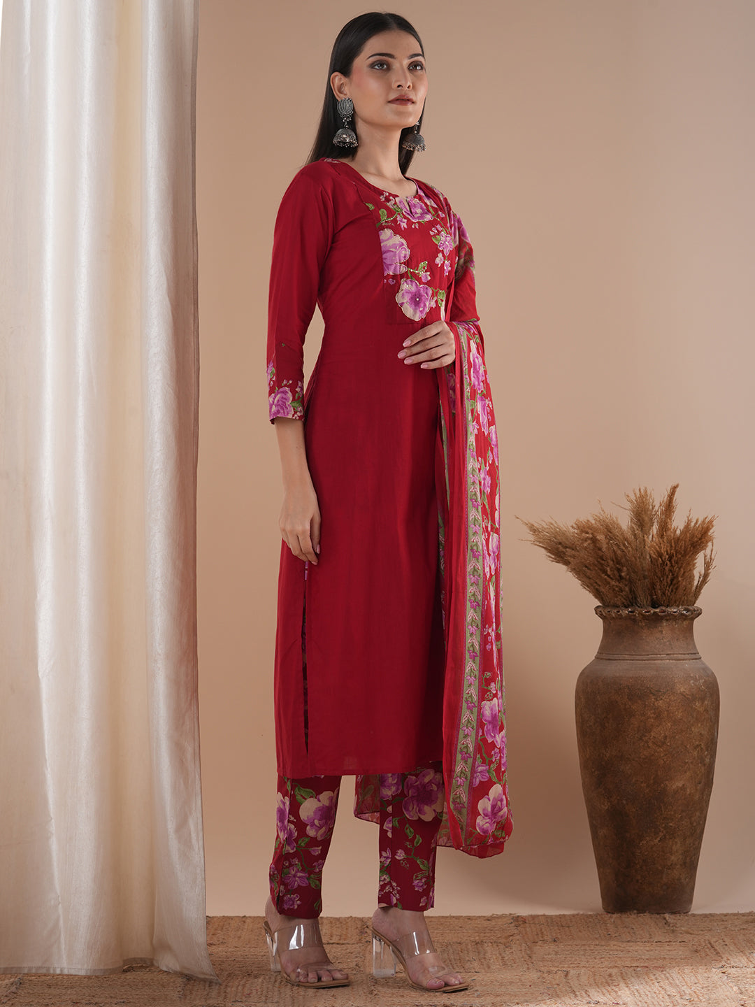 Ethnic Printed & Embroidered Straight Kurta with Pant & Dupatta - Red