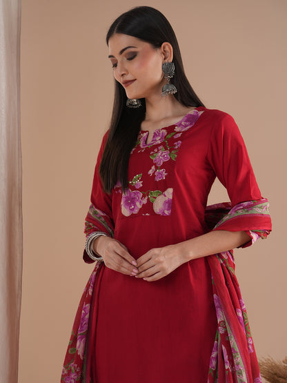 Ethnic Printed & Embroidered Straight Kurta with Pant & Dupatta - Red