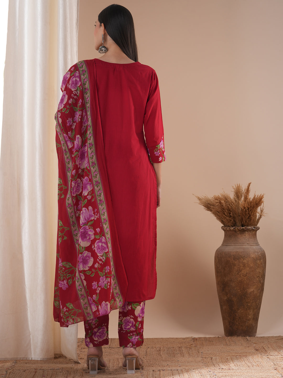 Ethnic Printed & Embroidered Straight Kurta with Pant & Dupatta - Red