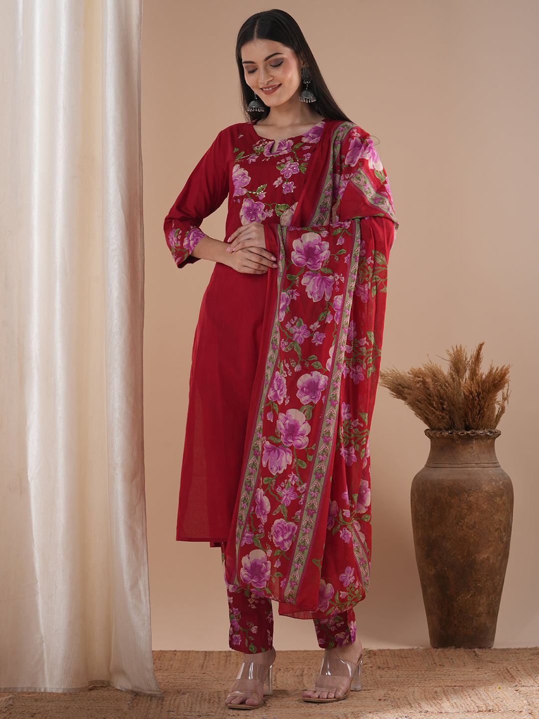 Ethnic Printed & Embroidered Straight Kurta with Pant & Dupatta - Red