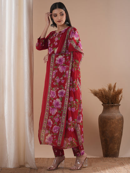 Ethnic Printed & Embroidered Straight Kurta with Pant & Dupatta - Red