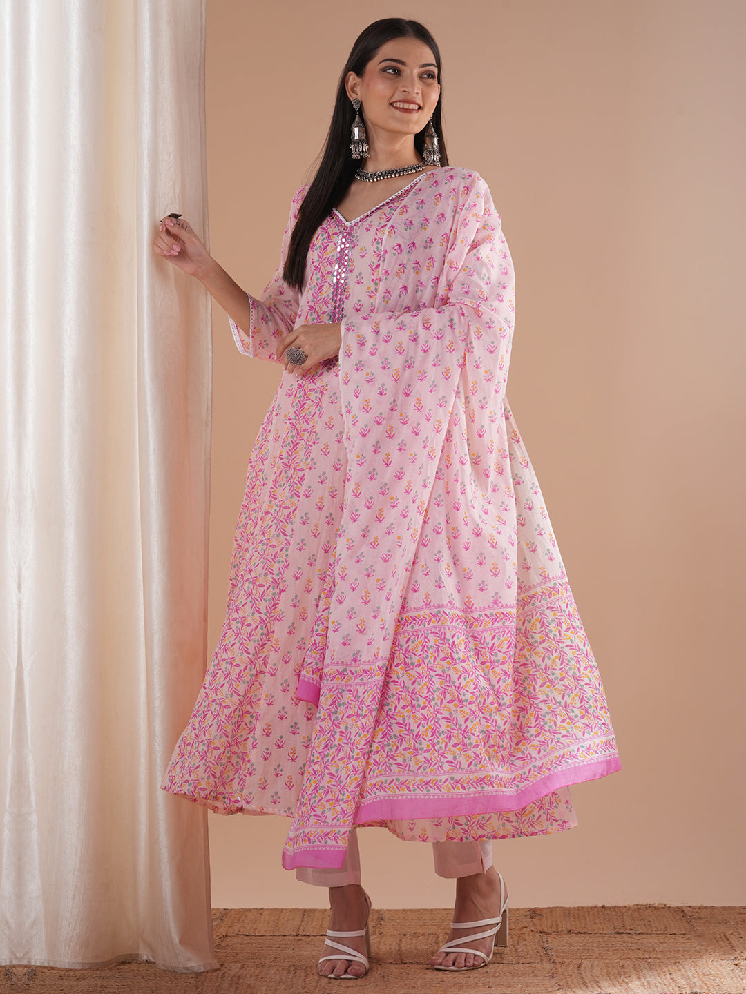 Ethnic Floral Printed Embroidered Anarkali Flared Kurta with Pant and Dupatta - Pink