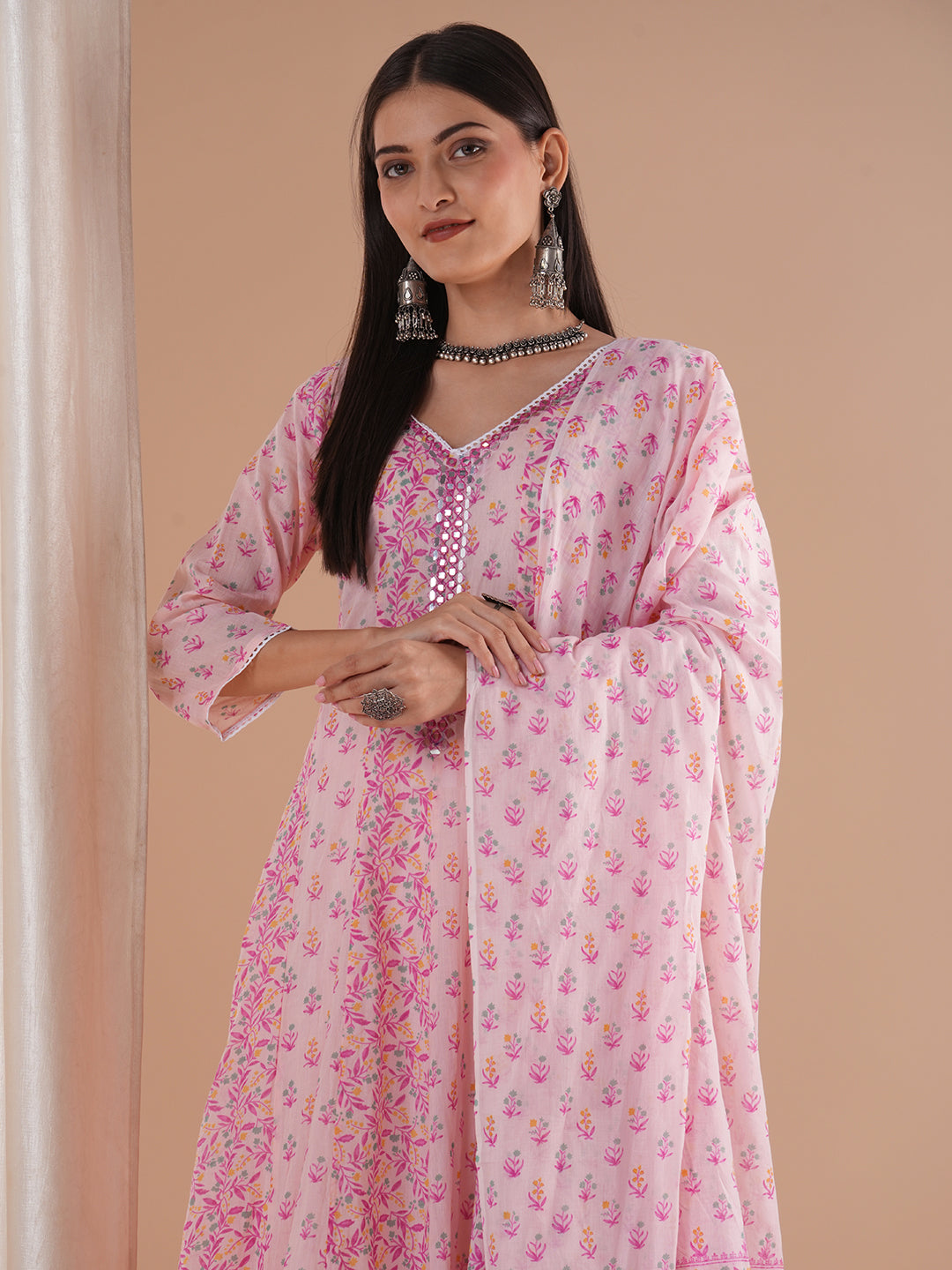 Ethnic Floral Printed Embroidered Anarkali Flared Kurta with Pant and Dupatta - Pink