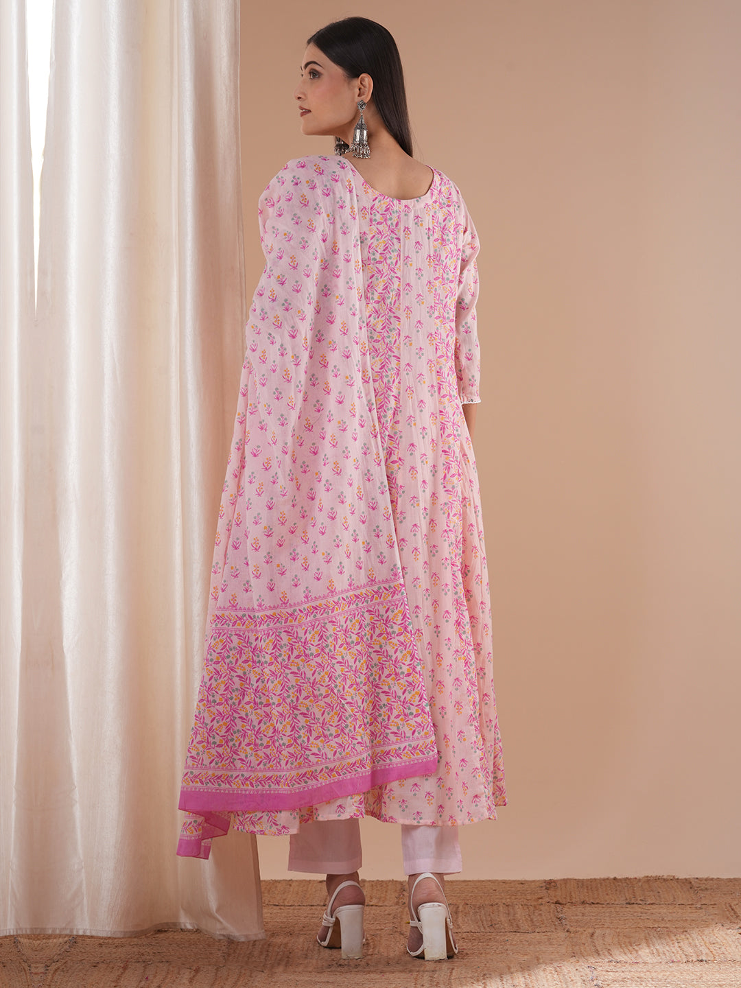 Ethnic Floral Printed Embroidered Anarkali Flared Kurta with Pant and Dupatta - Pink