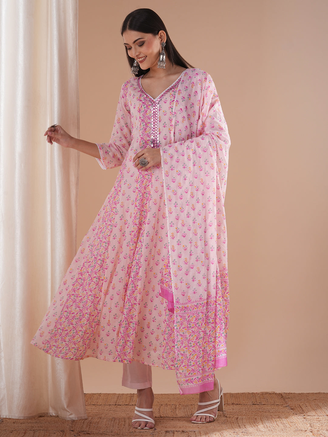 Ethnic Floral Printed Embroidered Anarkali Flared Kurta with Pant and Dupatta - Pink