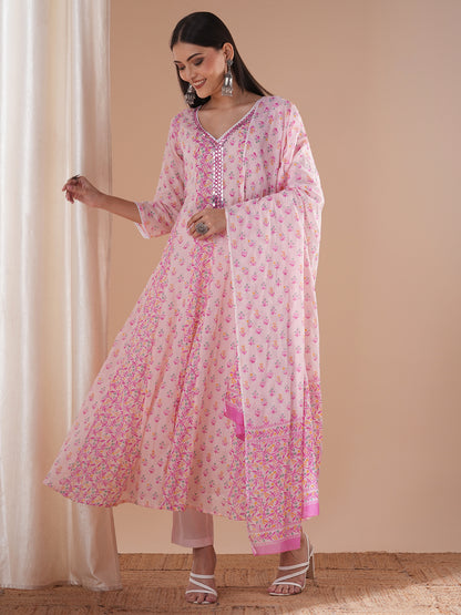 Ethnic Floral Printed Embroidered Anarkali Flared Kurta with Pant and Dupatta - Pink