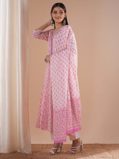 Ethnic Floral Printed Embroidered Anarkali Flared Kurta with Pant and Dupatta - Pink