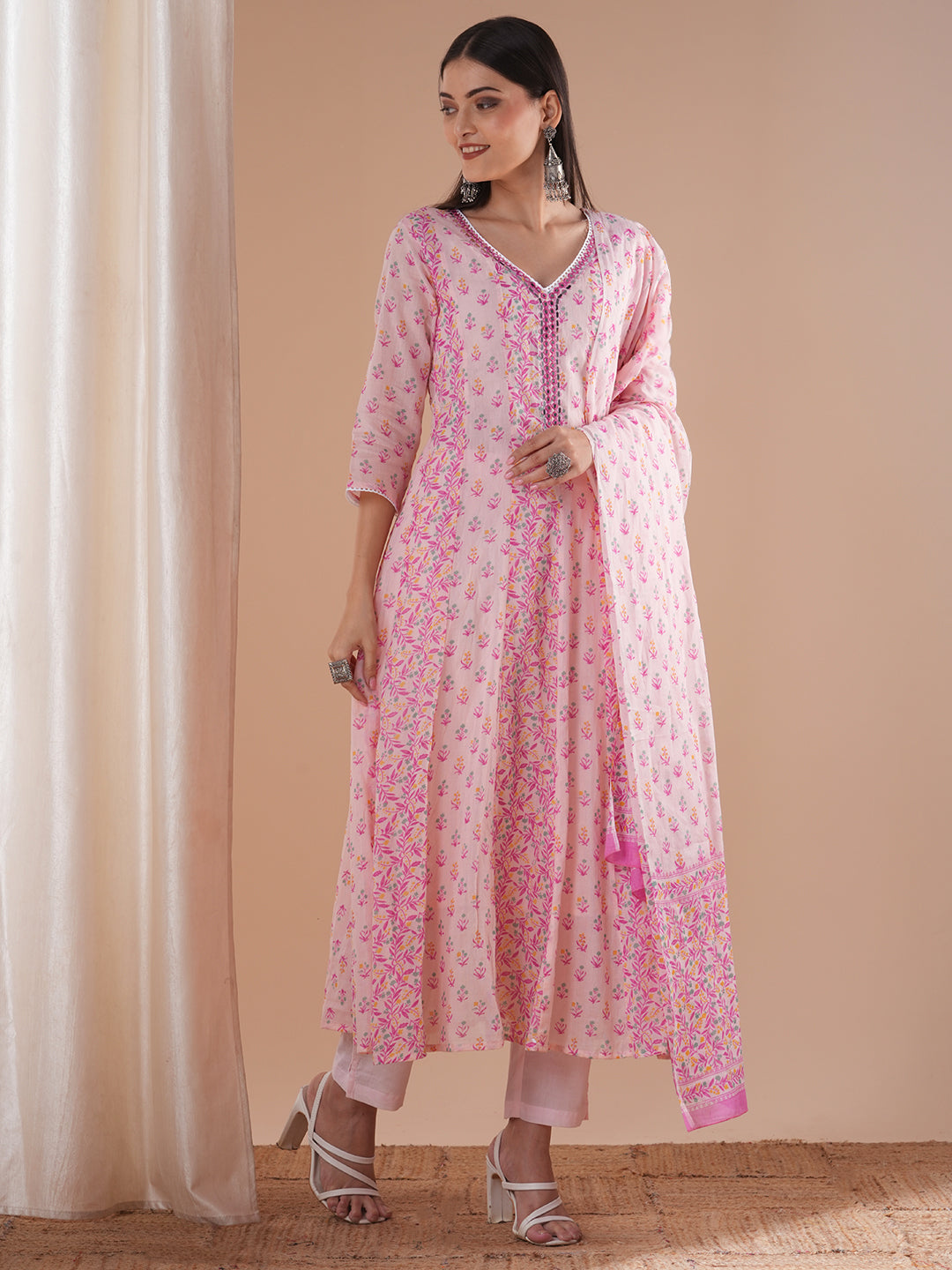 Ethnic Floral Printed Embroidered Anarkali Flared Kurta with Pant and Dupatta - Pink