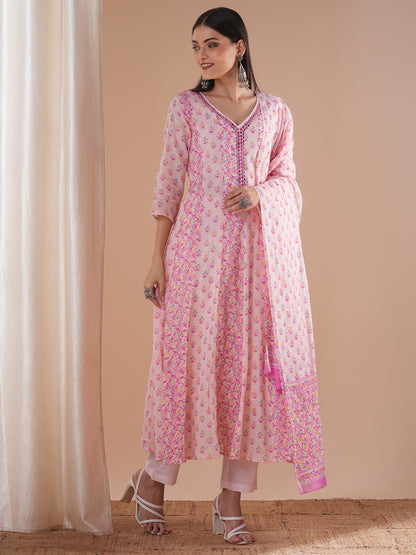 Ethnic Floral Printed Embroidered Anarkali Flared Kurta with Pant and Dupatta - Pink