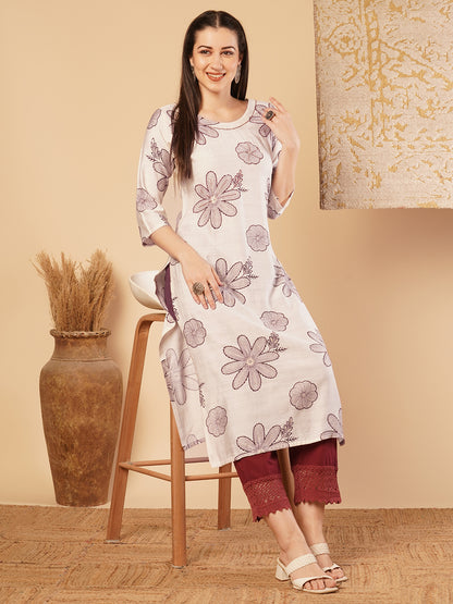 Abstract Floral Printed & Embroidered Straight Fit Kurta - Off White