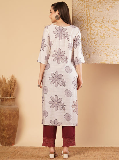 Abstract Floral Printed & Embroidered Straight Fit Kurta - Off White