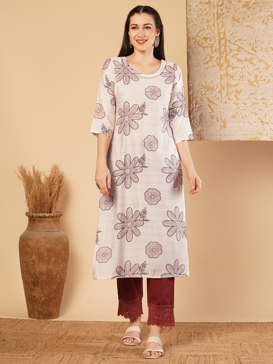 Abstract Floral Printed & Embroidered Straight Fit Kurta - Off White