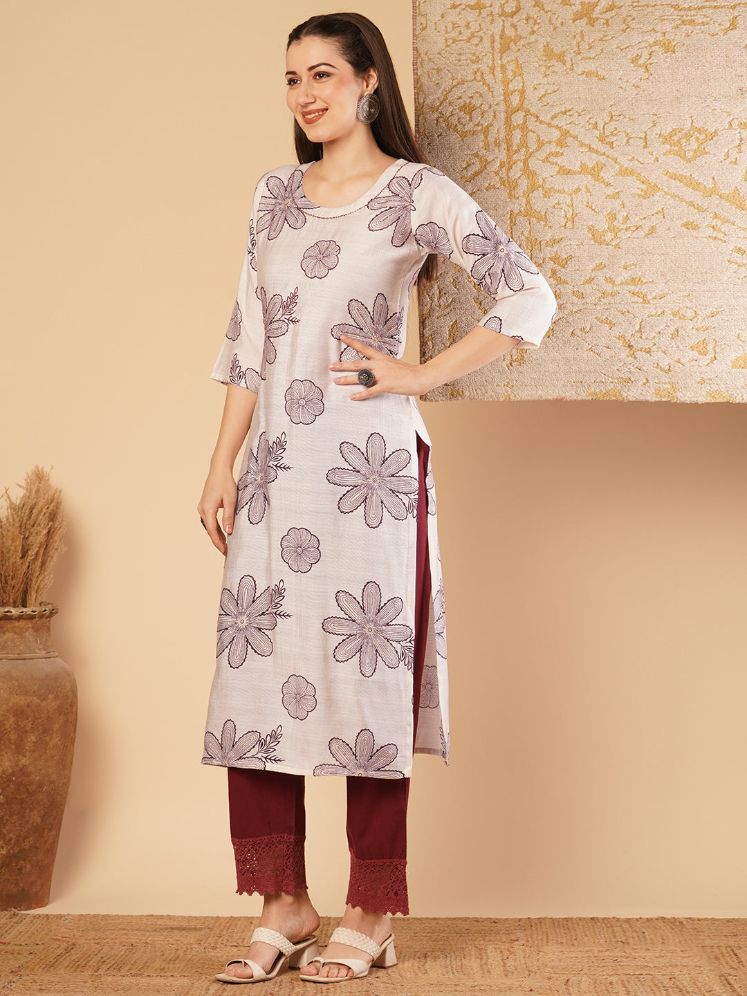 Abstract Floral Printed & Embroidered Straight Fit Kurta - Off White