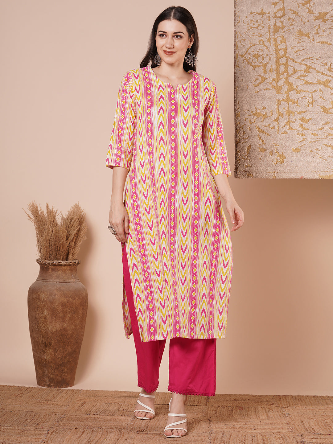 Ethnic Printed & Embroidered Straight Fit Kurta - Multi