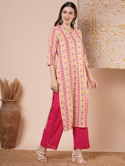 Ethnic Printed & Embroidered Straight Fit Kurta - Multi