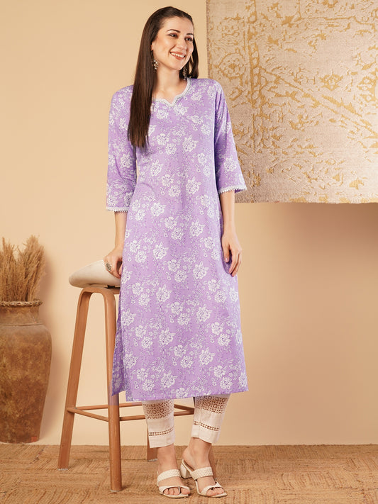 Ethnic Printed & Embroidered Straight Fit Kurta - Purple