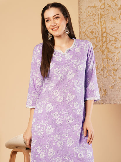 Ethnic Printed & Embroidered Straight Fit Kurta - Purple