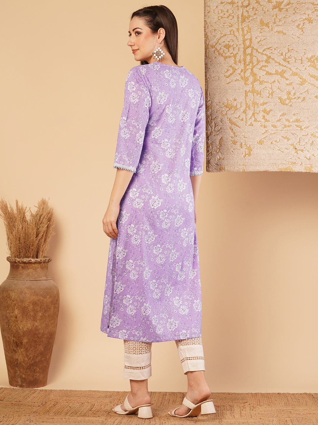 Ethnic Printed & Embroidered Straight Fit Kurta - Purple