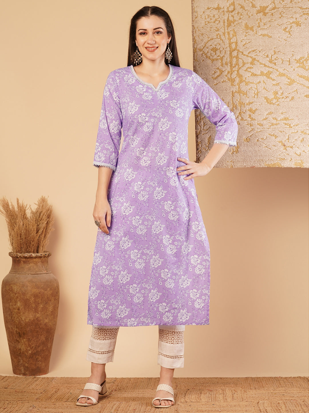 Ethnic Printed & Embroidered Straight Fit Kurta - Purple