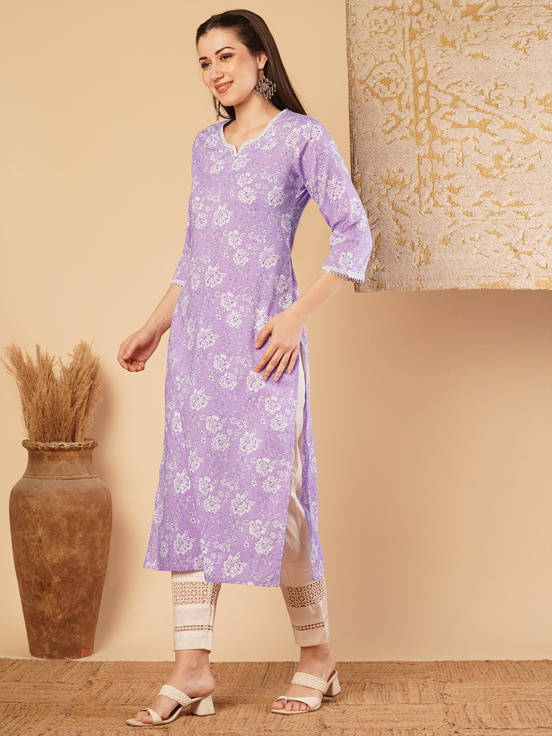 Ethnic Printed & Embroidered Straight Fit Kurta - Purple