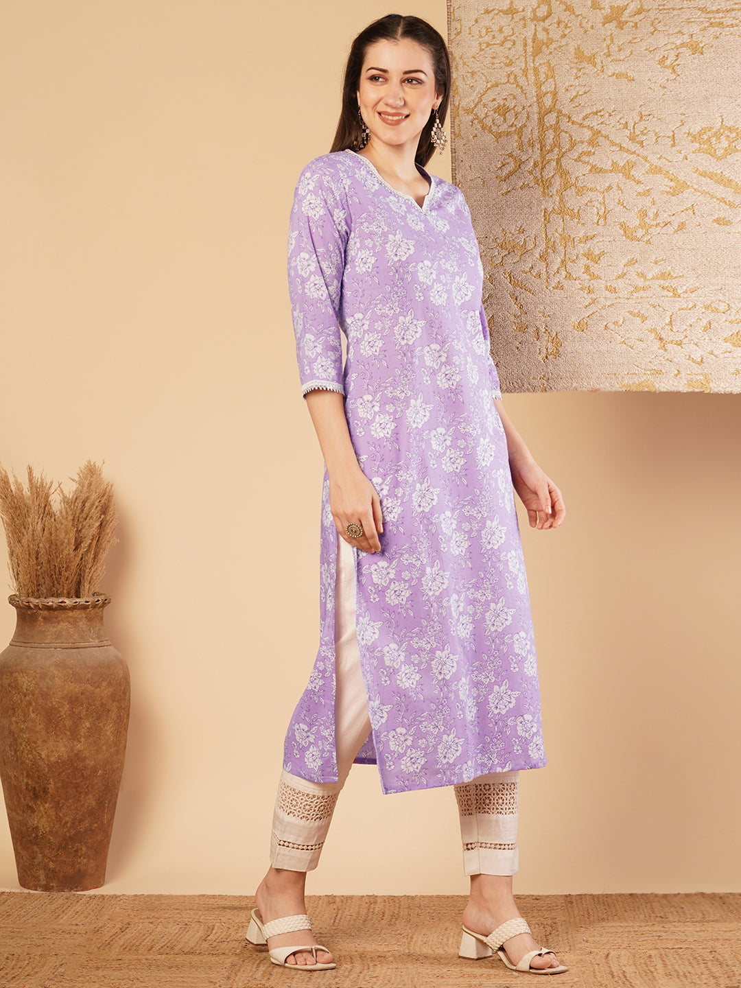 Ethnic Printed & Embroidered Straight Fit Kurta - Purple