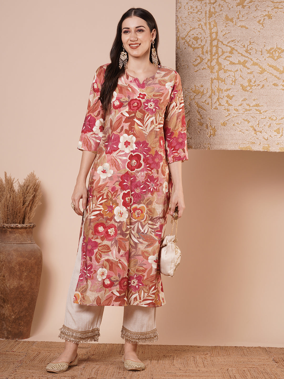 Ethnic Printed & Embroidered Straight Fit Kurta - Multi