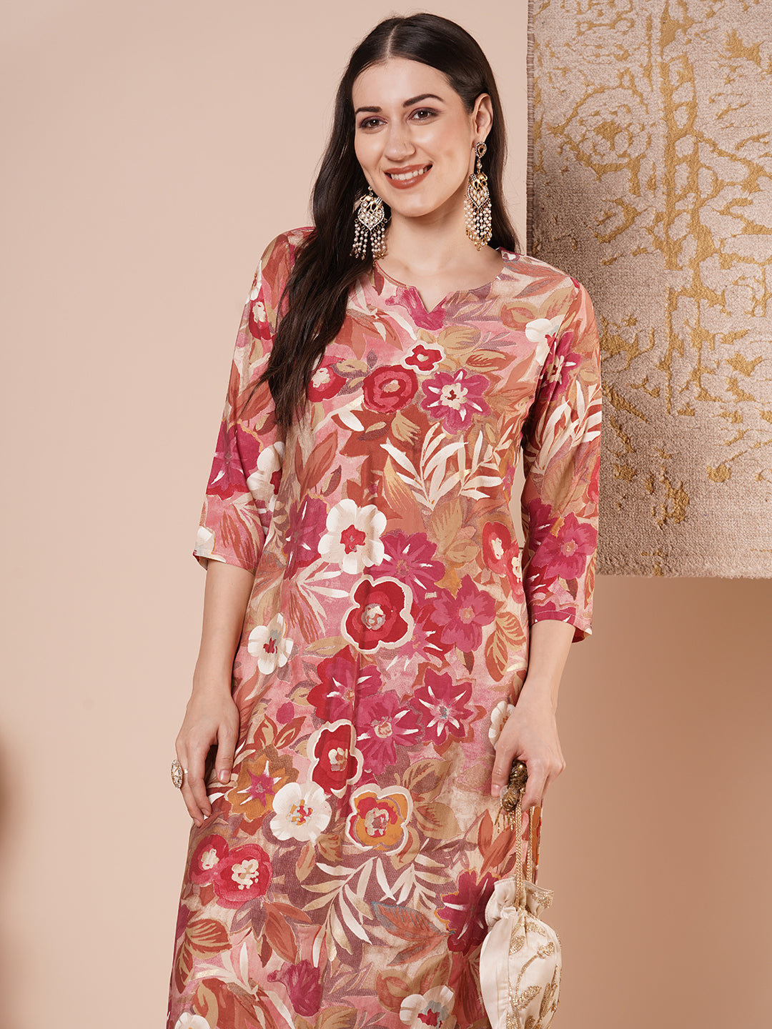 Ethnic Printed & Embroidered Straight Fit Kurta - Multi