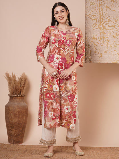 Ethnic Printed & Embroidered Straight Fit Kurta - Multi