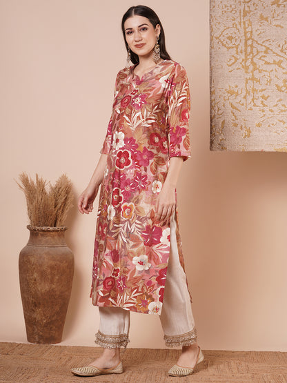 Ethnic Printed & Embroidered Straight Fit Kurta - Multi