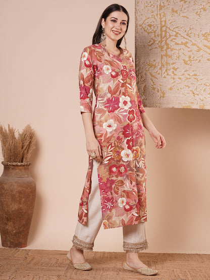 Ethnic Printed & Embroidered Straight Fit Kurta - Multi