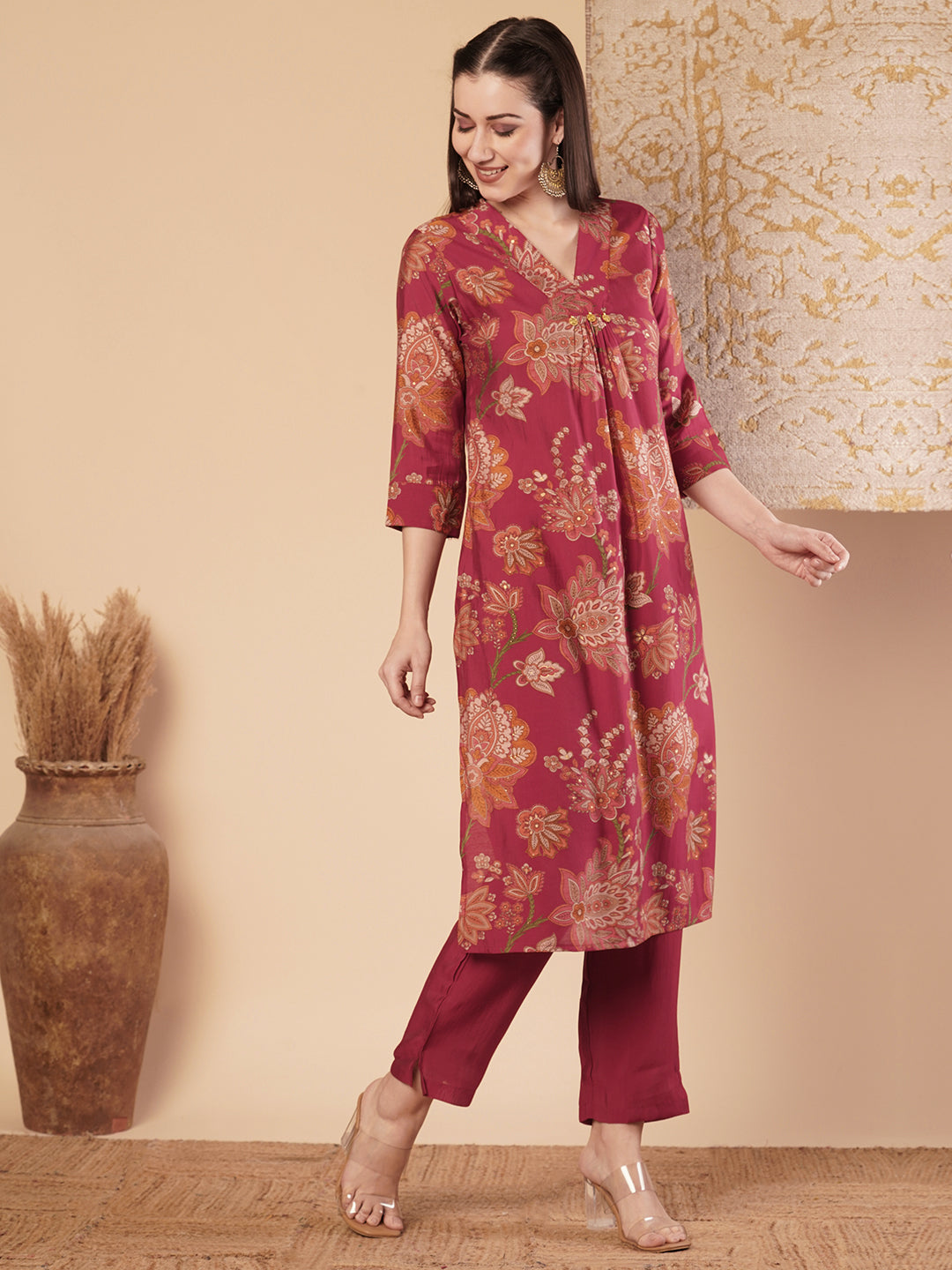 Ethnic Floral Printed &A-Line Pleated Kurta with Pant - Red