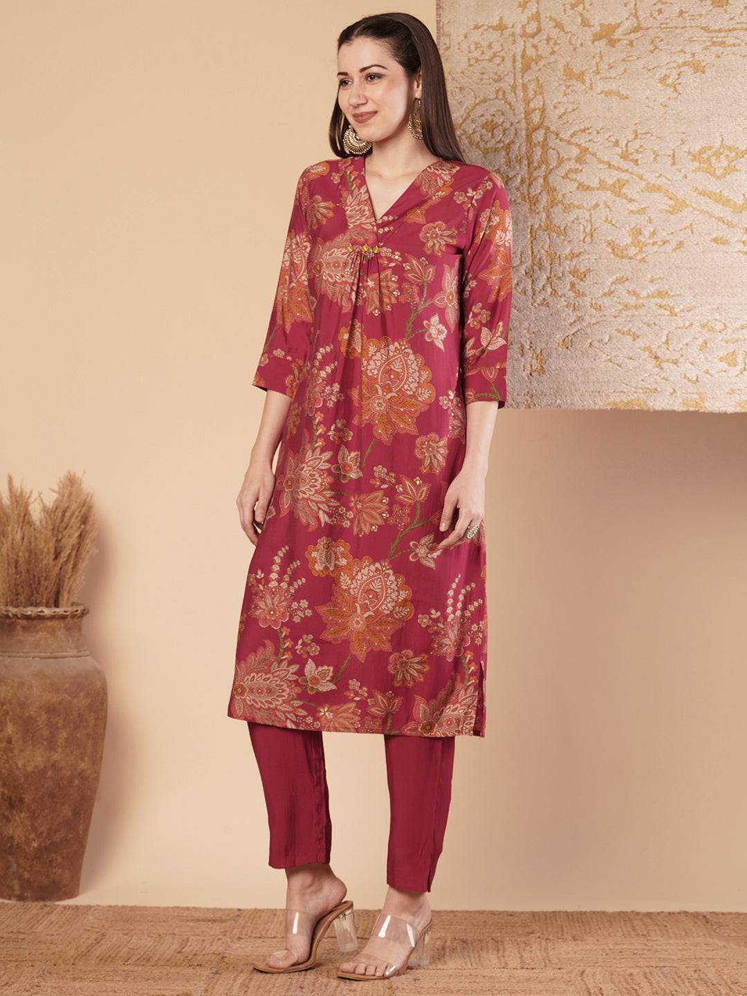 Ethnic Floral Printed &A-Line Pleated Kurta with Pant - Red
