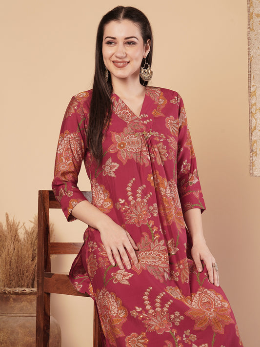 Ethnic Floral Printed &A-Line Pleated Kurta with Pant - Red