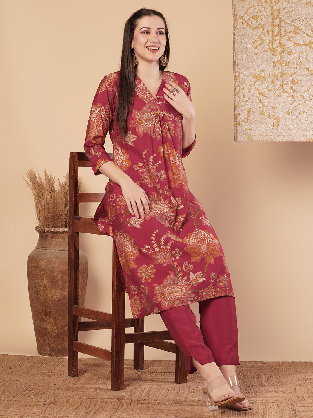 Ethnic Floral Printed &A-Line Pleated Kurta with Pant - Red