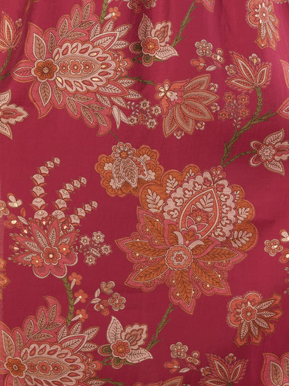 Ethnic Floral Printed &A-Line Pleated Kurta with Pant - Red