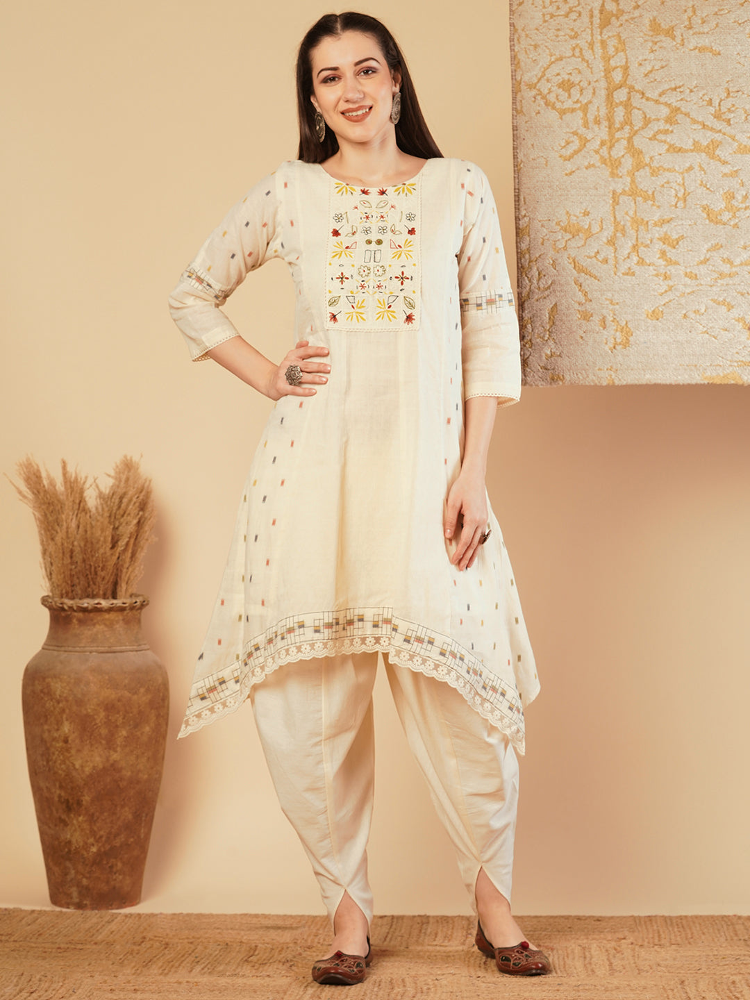 Solid Floral Embroidered A-Line Kurta with Dhoti Pant - Off White