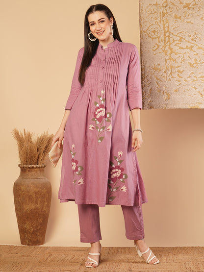 Solid Pin Tucked & Floral Hand Painted A-line Kurta with Pant - Pink