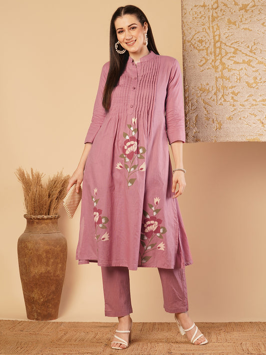 Solid Pin Tucked & Floral Hand Painted A-line Kurta with Pant - Pink