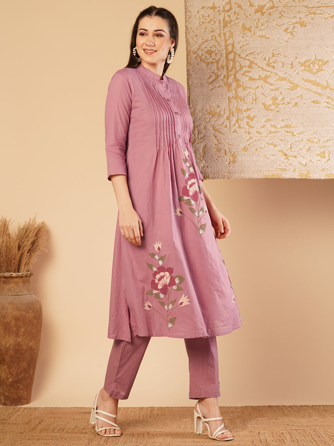 Solid Pin Tucked & Floral Hand Painted A-line Kurta with Pant - Pink