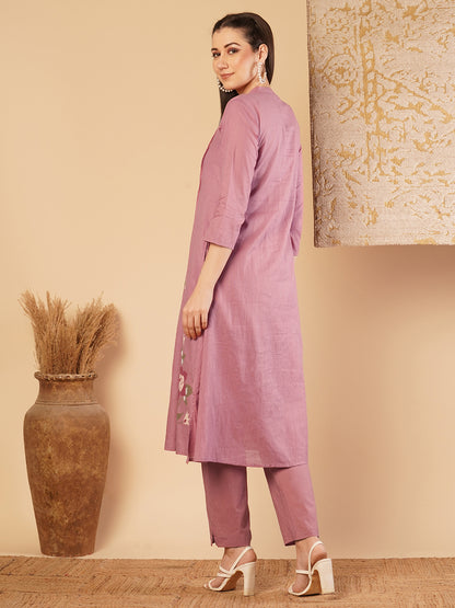 Solid Pin Tucked & Floral Hand Painted A-line Kurta with Pant - Pink