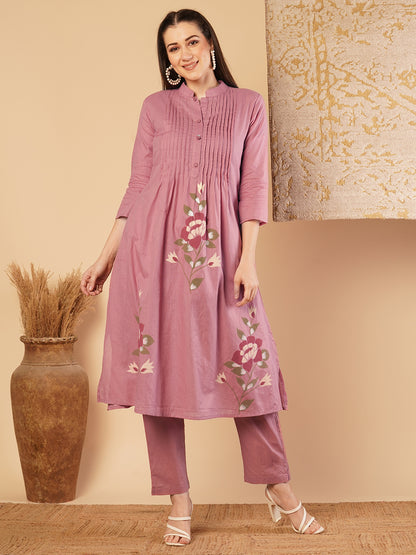 Solid Pin Tucked & Floral Hand Painted A-line Kurta with Pant - Pink