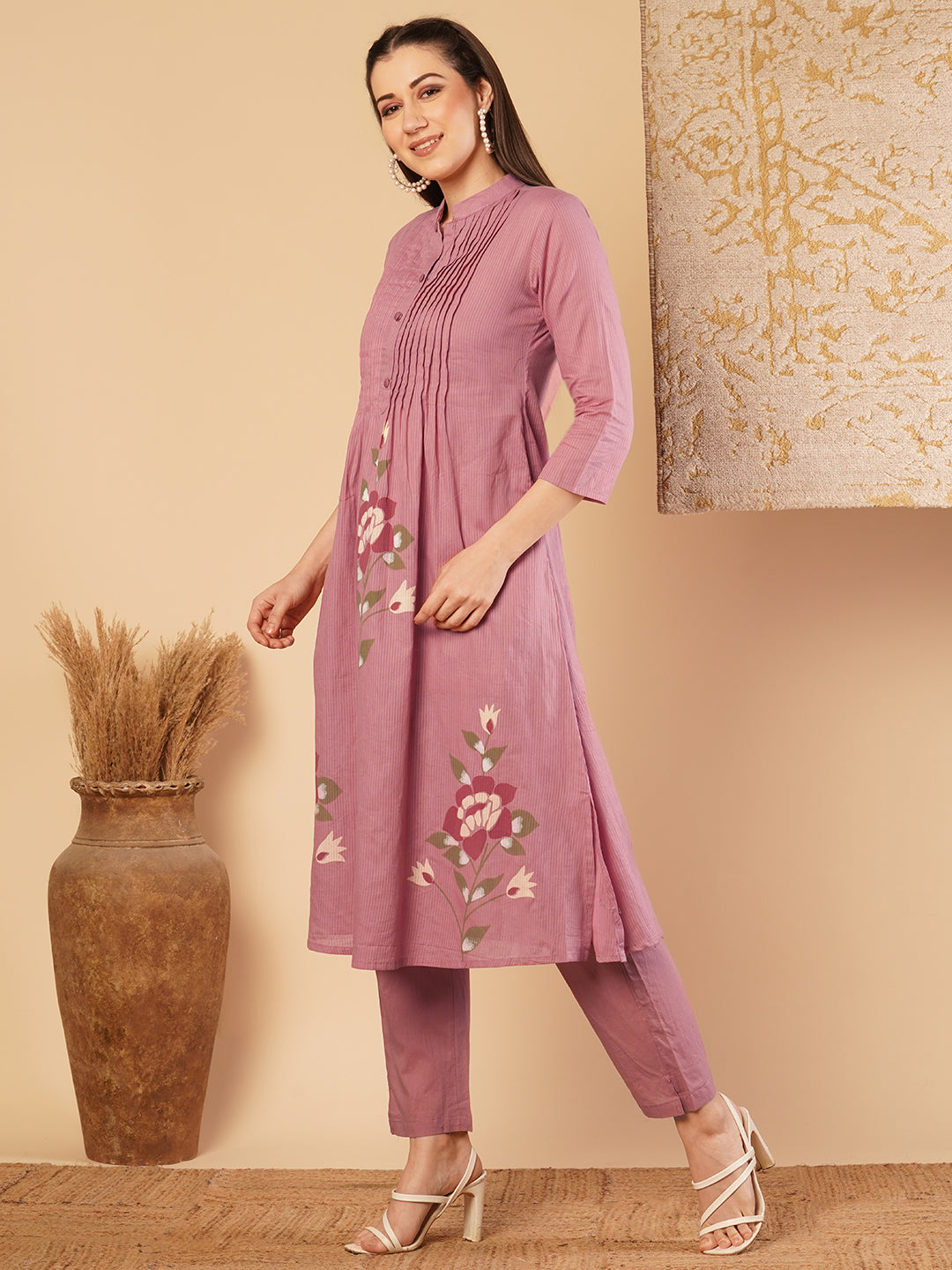 Solid Pin Tucked & Floral Hand Painted A-line Kurta with Pant - Pink