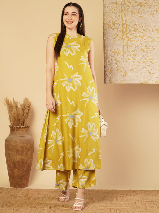 Abstract Floral Printed A-Line Paneled Co-ord Set -Mustard Green